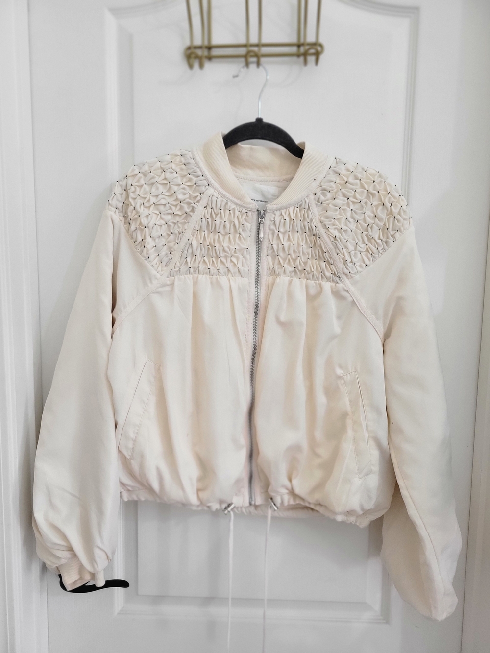 Anthropologie Cream Bomber Jacket with Woven Yoke